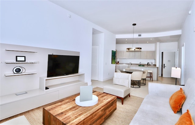 living room featuring light tile patterned floors