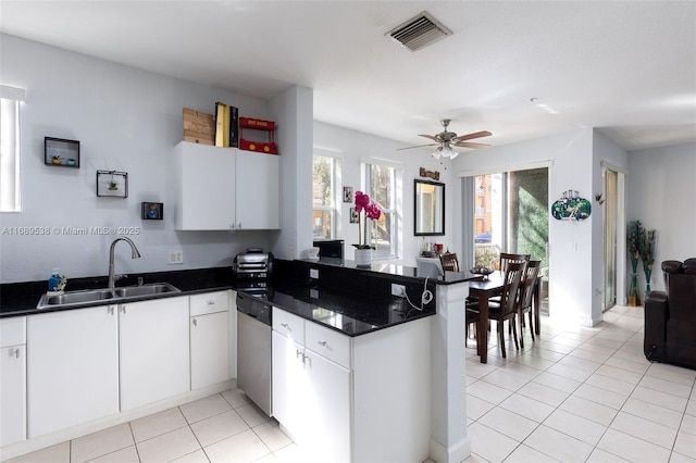 kitchen featuring kitchen peninsula, ceiling fan, sink, dishwasher, and white cabinetry