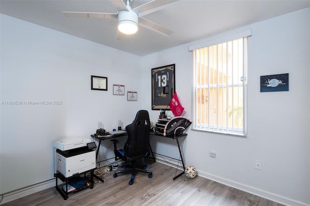 home office featuring wood-type flooring, a wealth of natural light, and ceiling fan