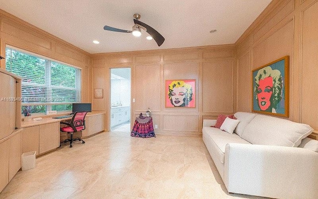 home office featuring a textured ceiling, built in desk, and ceiling fan