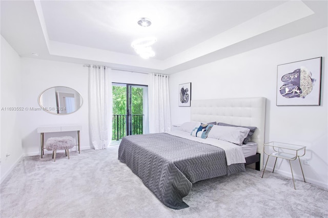 carpeted bedroom with a tray ceiling