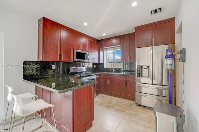 kitchen with a peninsula, a sink, appliances with stainless steel finishes, backsplash, and reddish brown cabinets