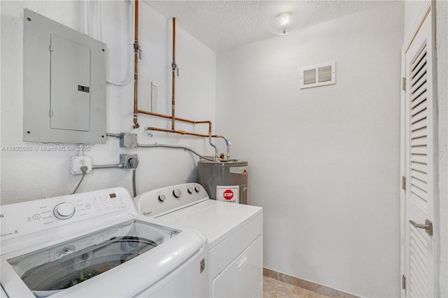 laundry room featuring water heater, visible vents, washing machine and clothes dryer, and electric panel