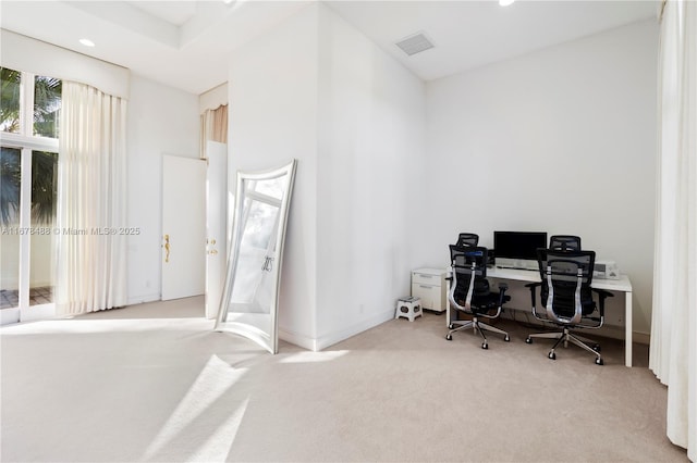 home office with carpet floors, recessed lighting, baseboards, and visible vents