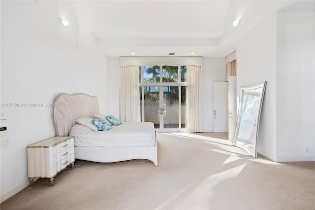 carpeted bedroom with recessed lighting and baseboards