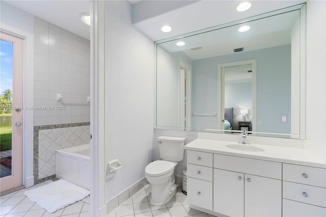 full bath with tile patterned flooring, recessed lighting, ensuite bath, and vanity