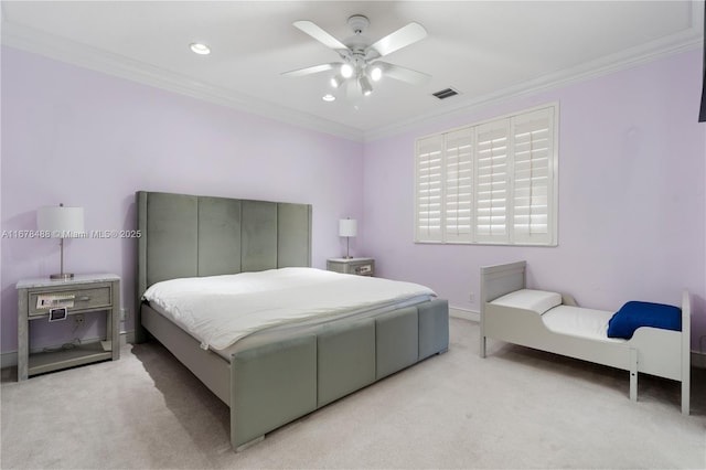 bedroom featuring crown molding, visible vents, light carpet, ceiling fan, and recessed lighting