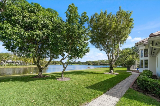 view of yard with a water view
