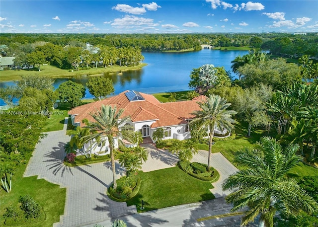 drone / aerial view with a water view