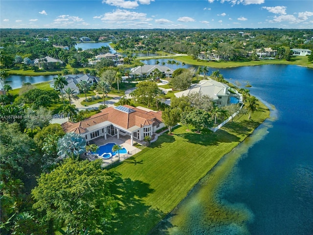 drone / aerial view featuring a water view