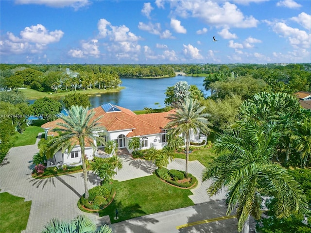 bird's eye view with a water view