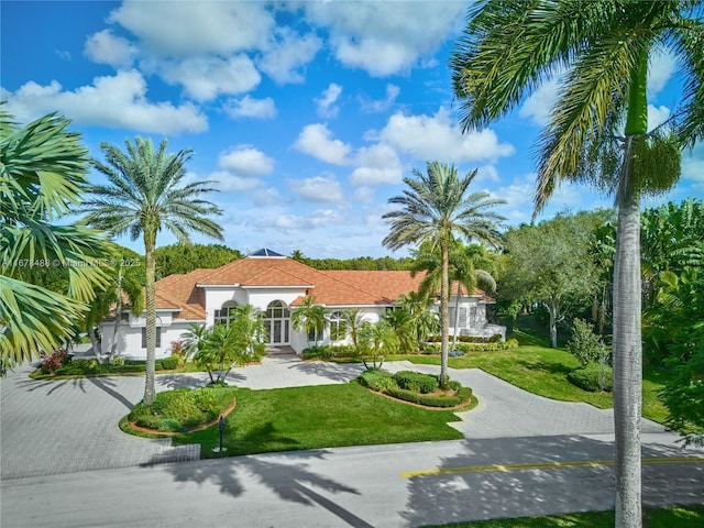 mediterranean / spanish-style house with curved driveway, stucco siding, and a front lawn