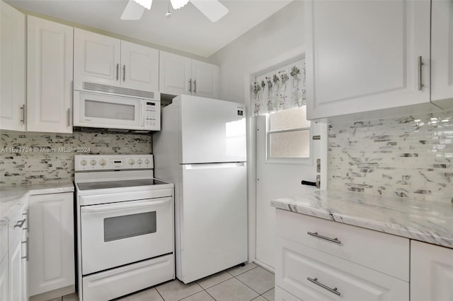 kitchen with decorative backsplash, white appliances, ceiling fan, white cabinets, and light tile patterned flooring