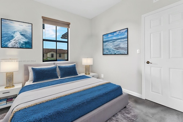 bedroom featuring dark carpet