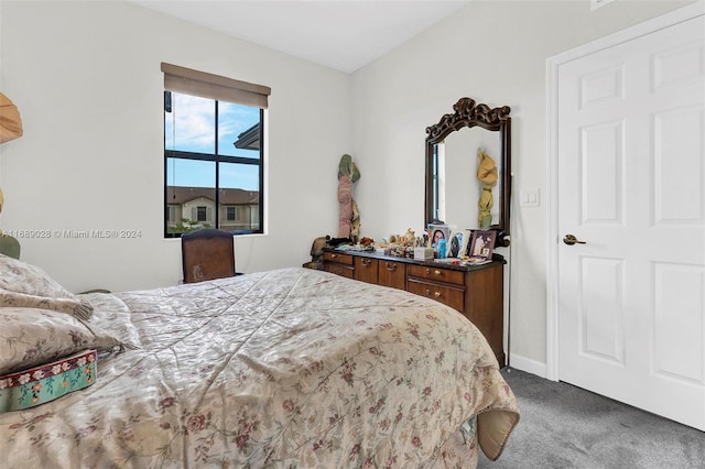 bedroom featuring dark colored carpet