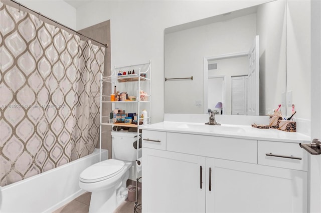 full bathroom with tile patterned floors, vanity, shower / bath combination with curtain, and toilet