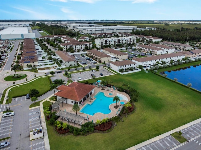 bird's eye view with a water view