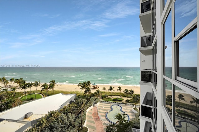 view of water feature with a beach view