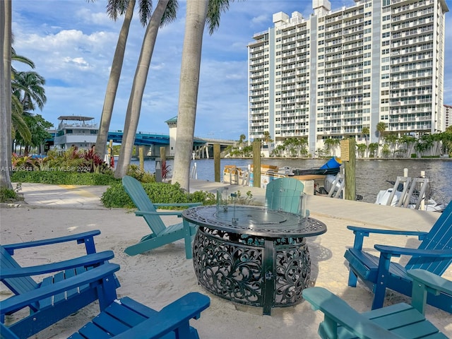 view of patio featuring a water view