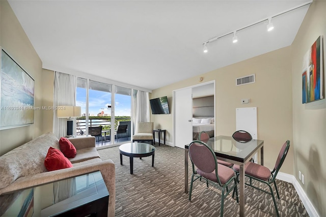 carpeted living room featuring track lighting