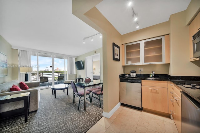 kitchen with sink, light brown cabinets, dark stone counters, rail lighting, and stainless steel appliances