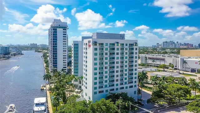 view of building exterior with a water view