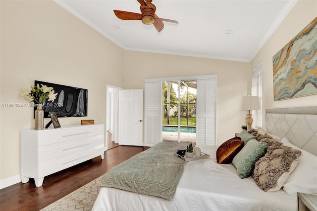 bedroom featuring access to outside, ceiling fan, crown molding, and dark wood-type flooring