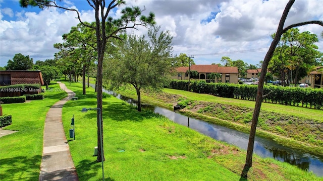 view of home's community with a yard and a water view