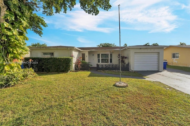 single story home with a front yard and a garage