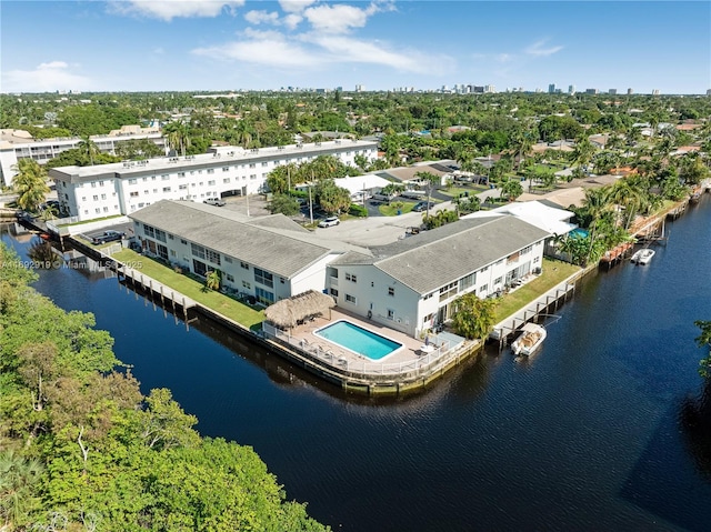 bird's eye view with a water view