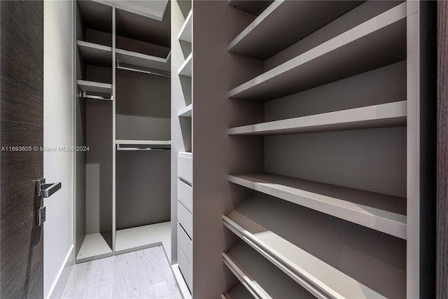 walk in closet with light hardwood / wood-style flooring