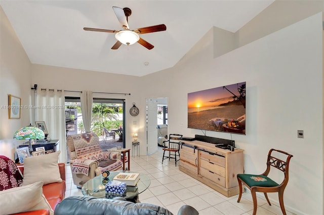 tiled living room with ceiling fan