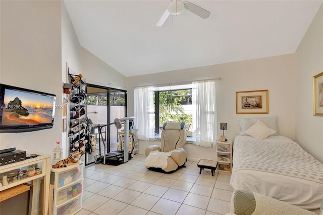 tiled bedroom with ceiling fan, vaulted ceiling, and access to exterior