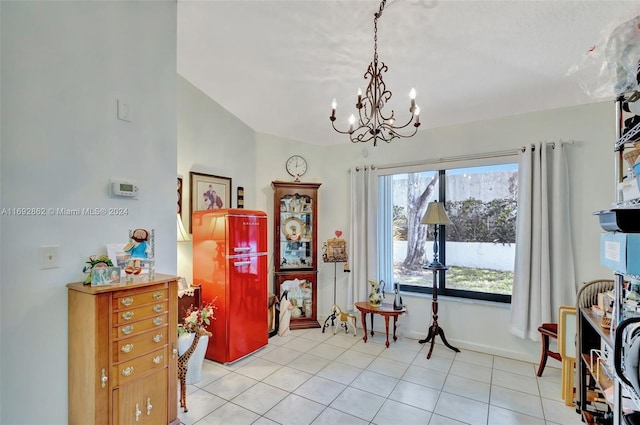 miscellaneous room featuring light tile patterned floors and a chandelier