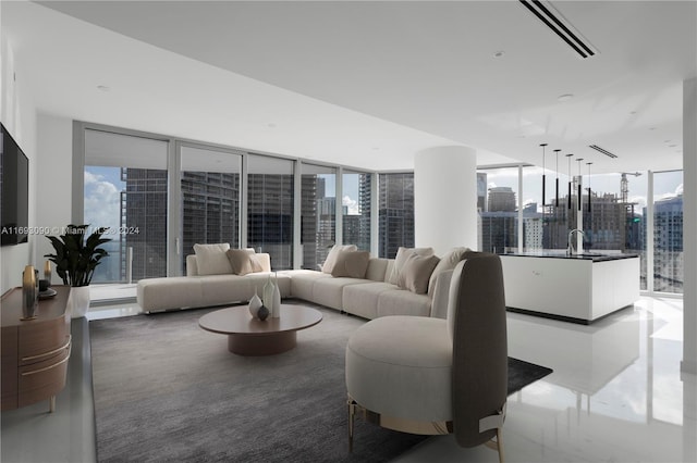 living room with plenty of natural light and a wall of windows