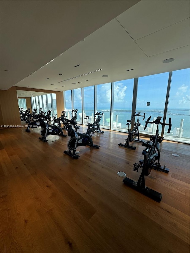 workout area featuring a wall of windows, a water view, and hardwood / wood-style flooring