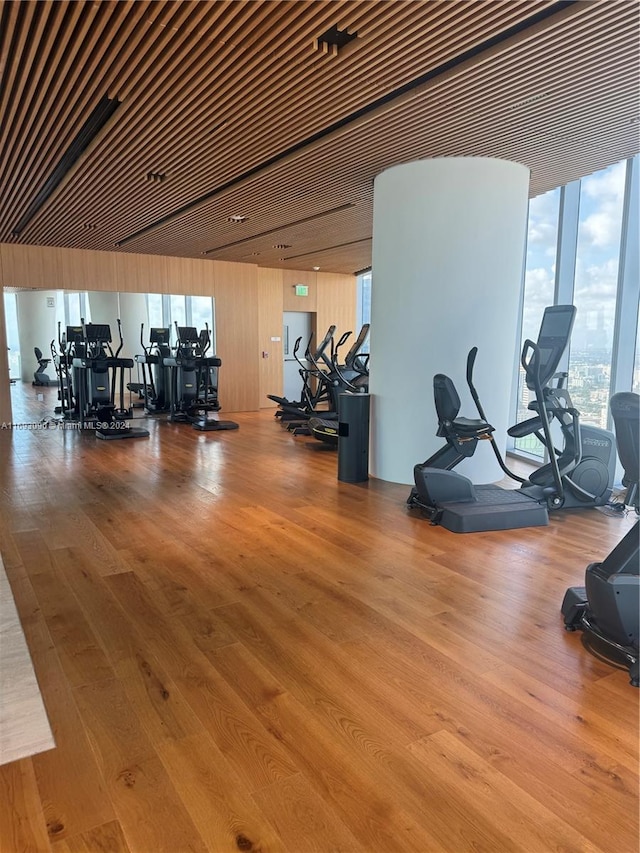 workout area featuring hardwood / wood-style floors