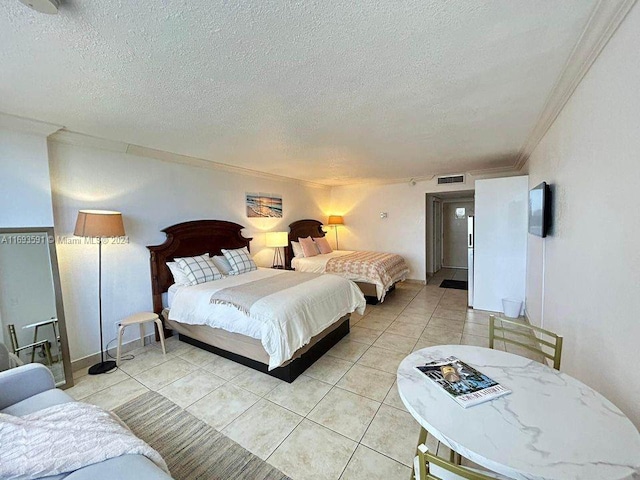 tiled bedroom with a textured ceiling and crown molding