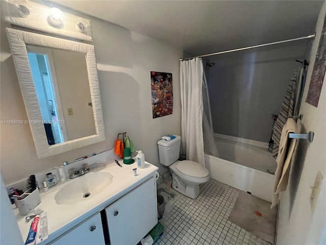 full bathroom with toilet, vanity, tile patterned floors, and shower / bath combo with shower curtain