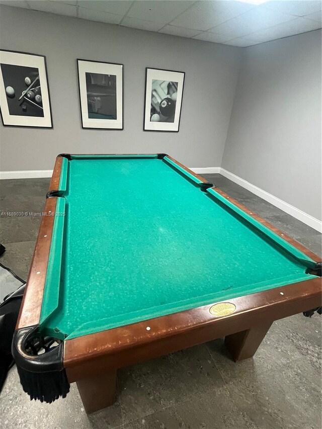 rec room featuring a paneled ceiling and billiards