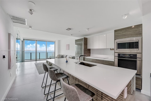 kitchen with white cabinets, a water view, sink, and an island with sink