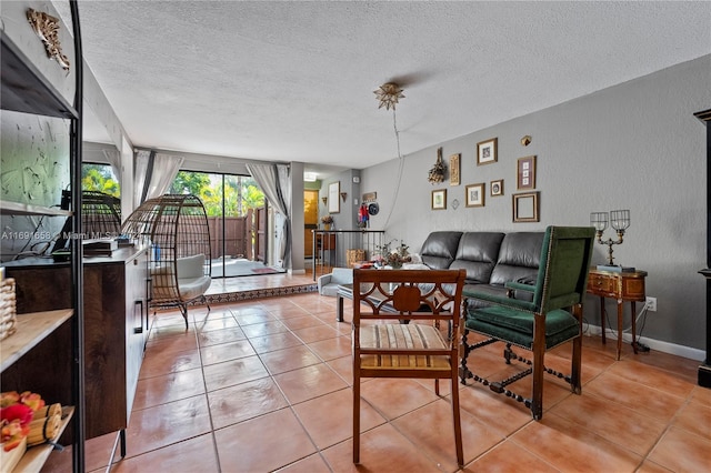 tiled living room with a textured ceiling