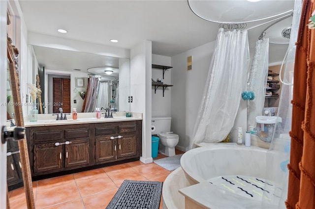 full bathroom with tile patterned flooring, vanity, toilet, and shower / bathtub combination with curtain