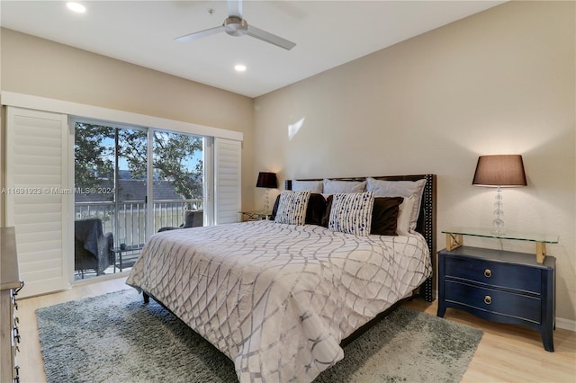 bedroom with ceiling fan, light wood-type flooring, and access to outside