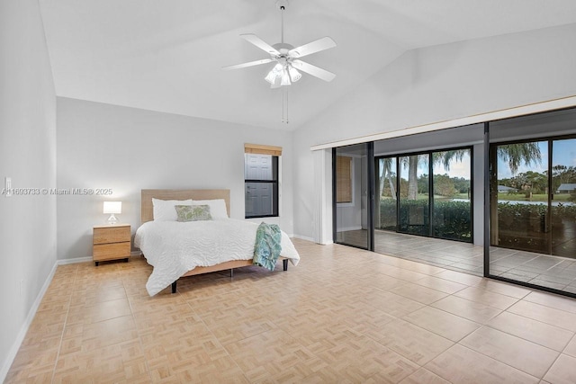 bedroom with access to exterior, high vaulted ceiling, and ceiling fan