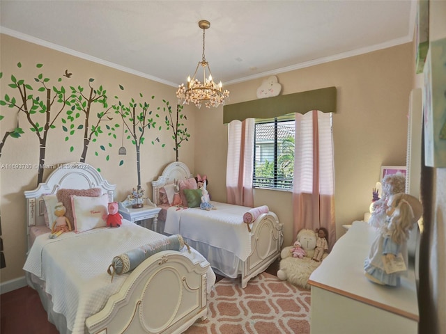 bedroom featuring crown molding and a notable chandelier