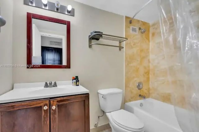 full bathroom featuring shower / bath combination with curtain, vanity, and toilet