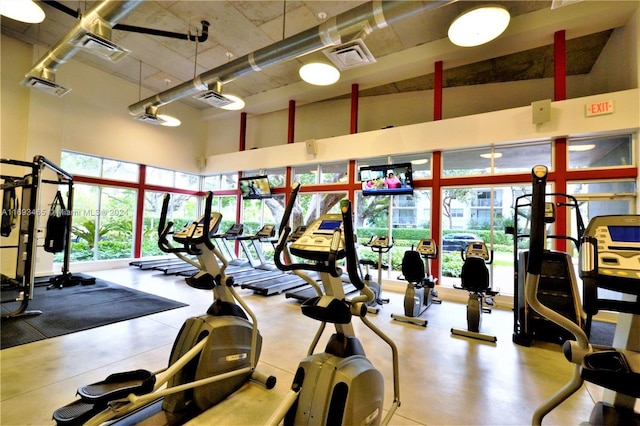 gym featuring a towering ceiling