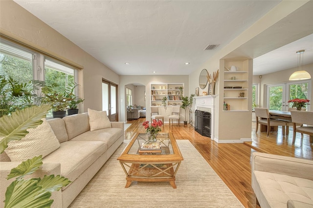 living room with built in shelves, a healthy amount of sunlight, and light hardwood / wood-style flooring