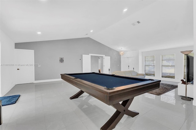 recreation room with light tile patterned flooring, lofted ceiling, and pool table